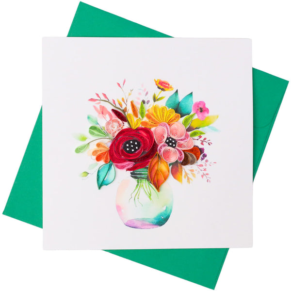 Quilled Flowers in Glass Vase Greeting Card (15x15cm)