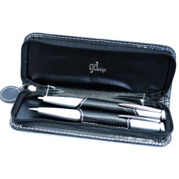 Satin Ballpen and Pencil Set with Leather Zip (Chrome)