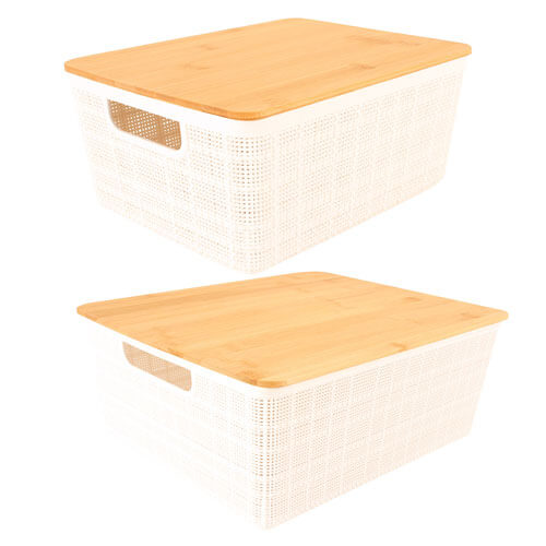 Plastic Storage Basket with Bamboo Lid (White)