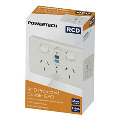 Powertech RCD Protected Double GPO Mains Socket 10A