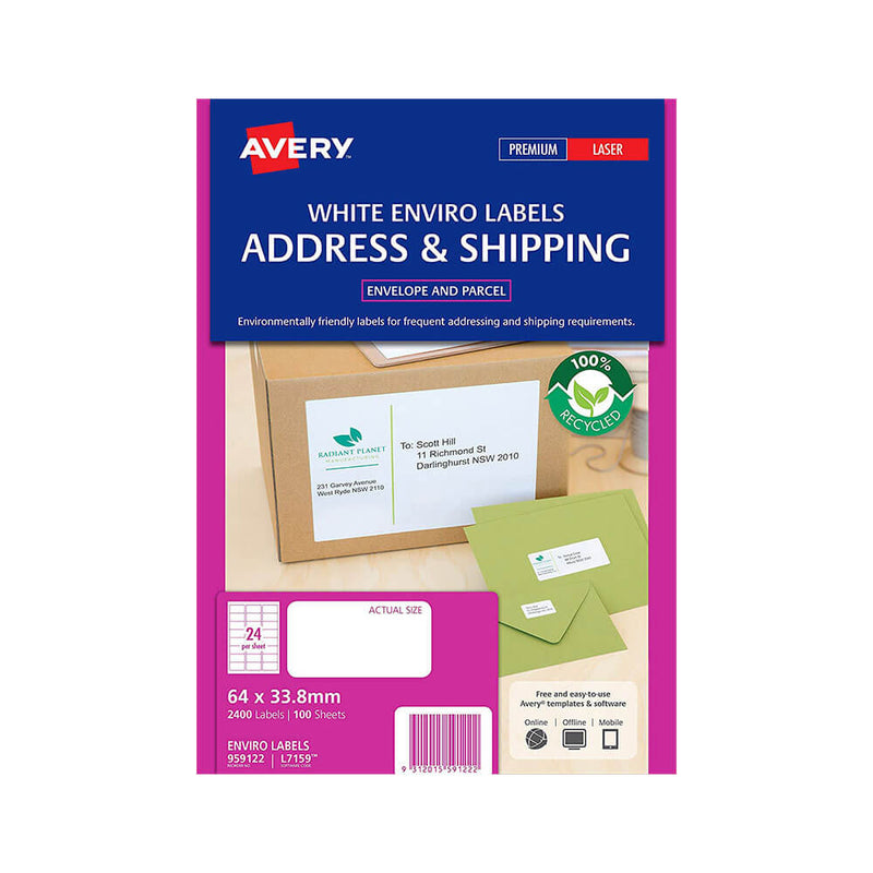 Avery Enviro Étiquettes 100 % recyclées blanches (paquet de 100)