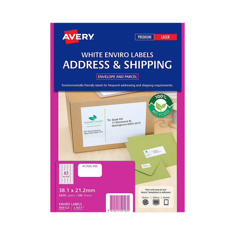 Avery Enviro Étiquettes 100 % recyclées blanches (paquet de 100)